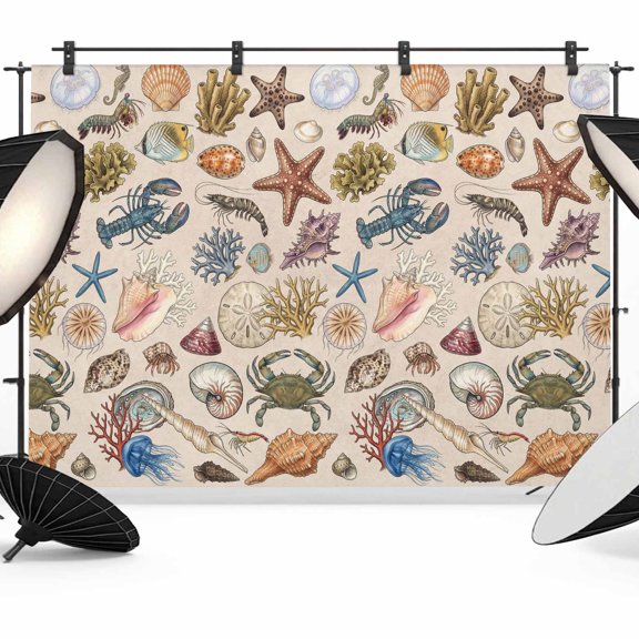 Marine Life Photography Backdrop 7x5FT, Retro Sea Star Coral Shell Crab Linen Texture Photo Backdrops, Background for Photography Studio Photo Studio Background, Back Drop for Photoshoot
