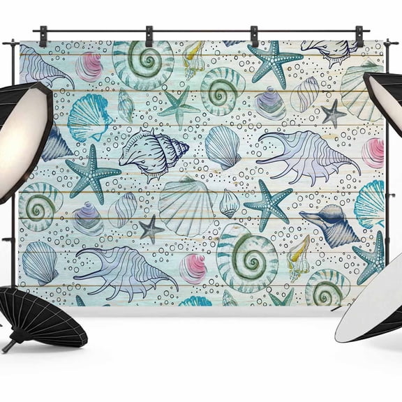 Marine Life Photography Backdrop 7x5FT, Sea Starfish Shell Conch Bubbles Green Wood Grain Photo Backdrops, Background for Photography Studio Photo Studio Background, Back Drop for Photoshoot