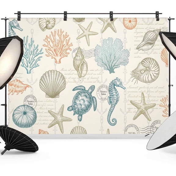 Marine Life Photography Backdrop 7x5FT, Vintage Nautical Ocean Sea Turtle Seahorse Shell Coral Starfish Photo Backdrops, Background for Photography Studio, Back Drop for Photoshoot