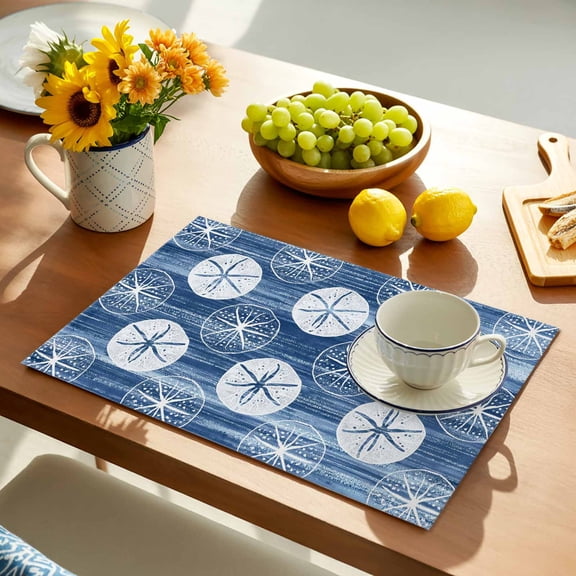 Marine Life Placemats Set of 1, Summer Beach Sea Biscuit Blue Sand Dollar Non-Slip Place Mats Washable Table Mats for Kitchen Dining Table Decorations Indoor/Outdoor