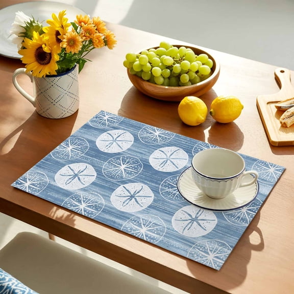 Marine Life Placemats Set of 12, Summer Beach Sea Biscuit Light Blue Sand Dollar Non-Slip Place Mats Washable Table Mats for Kitchen Dining Table Decorations Indoor/Outdoor