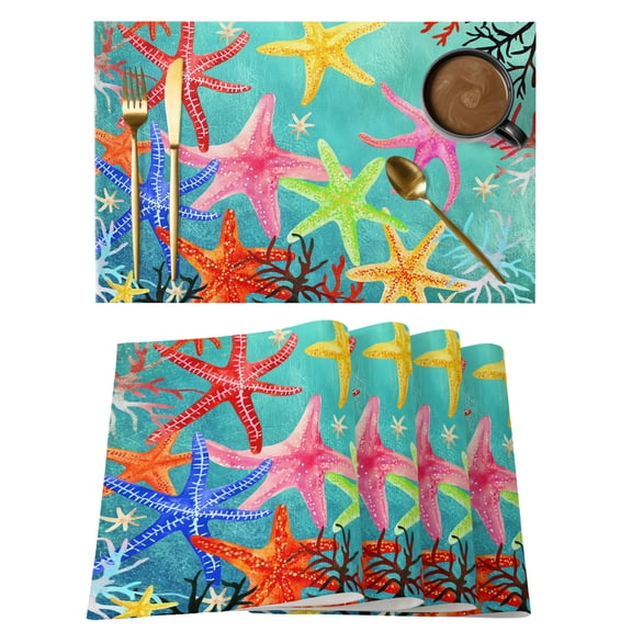 Marine Life Placemats Set of 2, Red Yellow Pink Blue Green Orange Starfish Coral Ocean Non-Slip Place Mats Washable Table Mats for Kitchen Dining Table Decorations Indoor/Outdoor