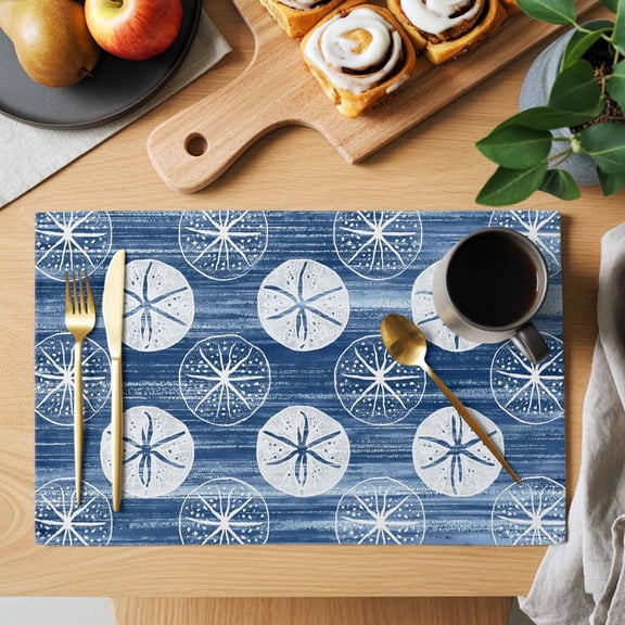 Marine Life Placemats Set of 8, Summer Beach Sea Biscuit Blue Sand Dollar Heat Insulated Linen Place Mats, Washable Stain-Proof Table Mats for Dining Tables Holiday Decor 13x19 Inches