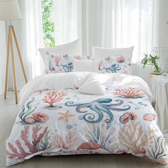 Marine Life Queen Size Comforter Set, Oxygen Coral Jellyfish Shell Summer Cartoon Oceans Bedding for All Seasons, 4 Pcs Bed Set, 1Quiltcover (90"x92") ,1Sheet(94"x116"), 2Pillowcases (30"x20")
