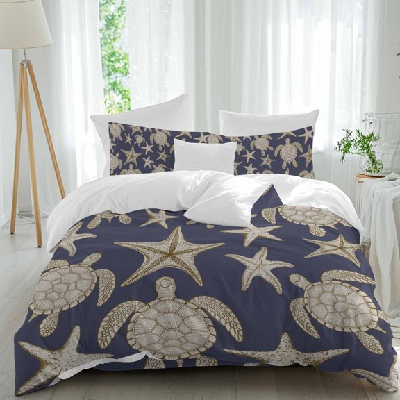 Marine Life Queen Size Comforter Set, Vintage Beige Sea Turtles Starfish Navy Background Bedding for All Seasons, 4 Pcs Bed Set, 1Quiltcover (90"x92") ,1Sheet(94"x116"), 2Pillowcases (30"x20")