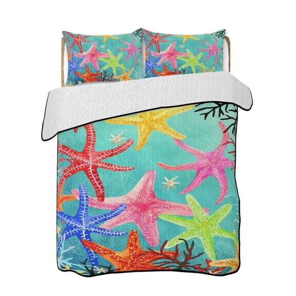 Marine Life Quilts Bedding Set California King Red Yellow Pink Blue Green Orange Starfish Coral Ocean Lightweight Quilted Bedspread 3 Piece Bed Quilt with 2 Pillow Shams for Bedroom 96" x 106"