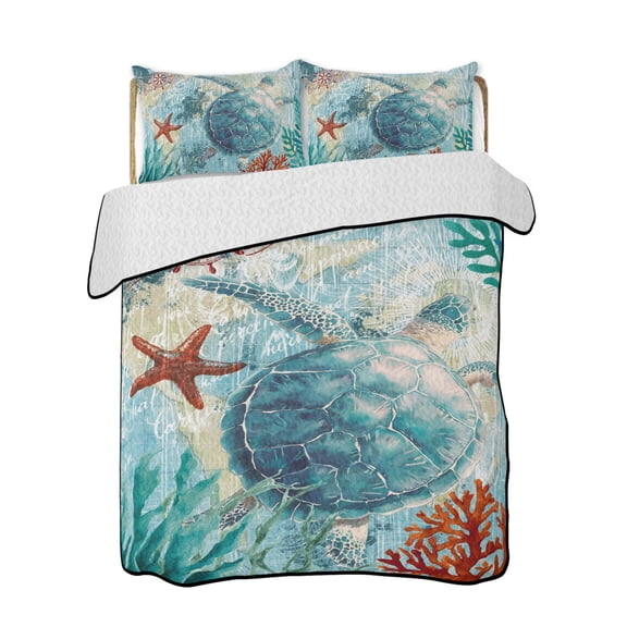 Marine Life Quilts Bedding Set King Size Turtle Nautical Green Sea Starfish Coral Seaweed Blue Ocean Lightweight Quilted Bedspread 3 Piece Bed Quilt with 2 Pillow Shams for Bedroom 90" x 96"
