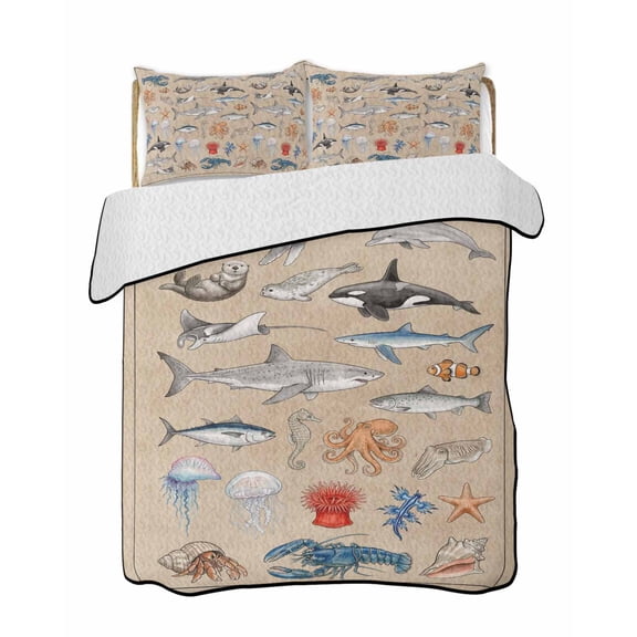 Marine Life Quilts Bedding Set Twin Size Retro Shark Whale Lobster Jellyfish Linen Texture Lightweight Quilted Bedspread 3 Piece Bed Quilt with 2 Pillow Shams All Season for Bedroom 68" x 86"