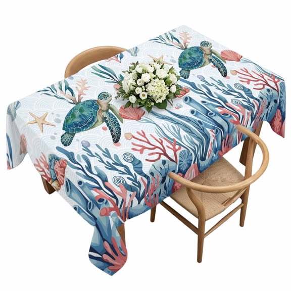 Marine Life Rectangle Tablecloth Sea Turtles Coral Shell Summer Cartoon Ocean Waterproof Wrinkle Free Soft Table Cloth Spill-Proof Washable Table Cover for Dining Party Picnic 54 x 108 Inch