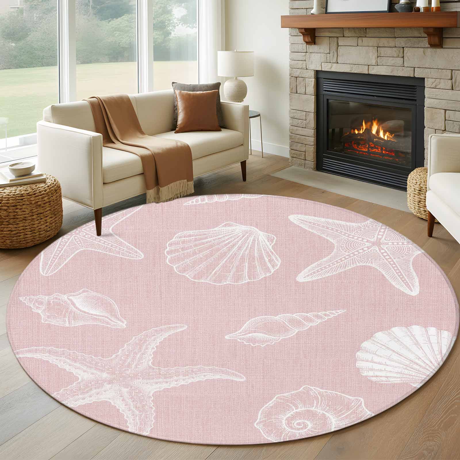 Marine Life Round Area Rug 7Ft Washable Circle Rugs for Dorm Laundry Room, Summer Ocean Starfish Conch Seashell Pink Non-Slip Carpet Floor Mats Indoor Outdoor Carpet Runner Aesthetic Home Decor