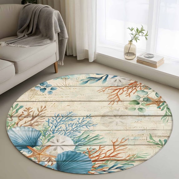 Marine Life Round Area Rugs 3 ft, Blue Shell Coral Eucalyptus Leaves Vintage Wood Grain Washable Small Area Rug with Non-Slip Sturdy Edge Binding Round Front Door Mat Floor Carpet for Entryway