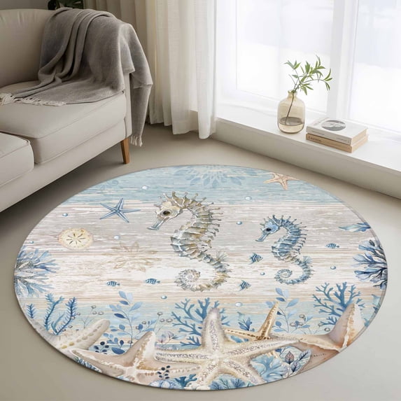 Marine Life Round Area Rugs 3 ft, Ocean Seahorse Coral Starfish Seashell Coastal Wooden Washable Small Area Rug with Non-Slip Sturdy Edge Binding Round Front Door Mat Floor Carpet for Entryway