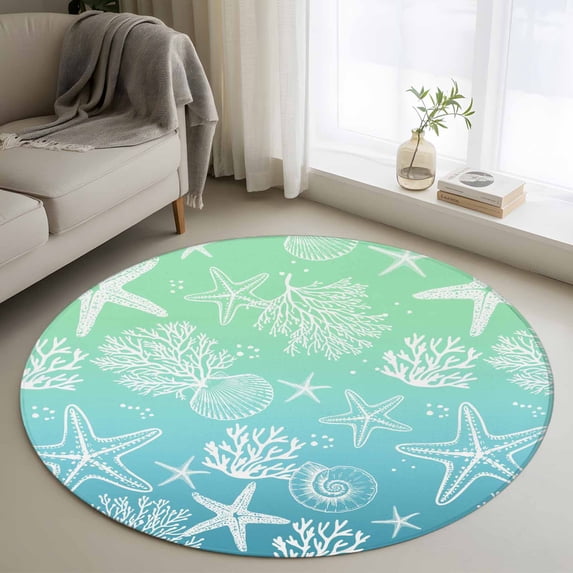 Marine Life Round Area Rugs 3 ft, Starfish Shell Coral Gradient Blue Green Ocean Washable Small Area Rug with Non-Slip Sturdy Edge Binding Round Front Door Mat Floor Carpet for Entryway
