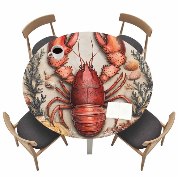 Marine Life Round Fitted Tablecloth with Elastic Edge Ocean Red Lobster Shell Coral Table Cover Fit for 36"-44" Tables Waterproof Tablecloths for Dinner Camping Picnic
