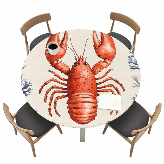 Marine Life Round Fitted Tablecloth with Elastic Edge Red Lobster Shell Seaweed Table Cover Fit for 36"-44" Tables Waterproof Tablecloths for Dinner Camping Picnic