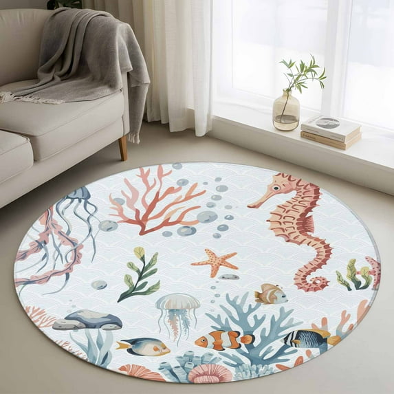 Marine Life Round Living Room Rugs 3.3 ft, Seahorse Coral Jellyfish Fish Summer Cartoon Oceans Washable Area Rug with Non-Slip Sturdy Edge Binding Round Front Door Mat Floor Carpet for Entryway