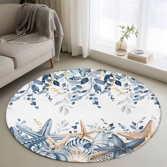 Marine Life Round Living Room Rugs 3.3 ft, Watercolor Blue Beige Starfish Shell Leaves Ocean Washable Area Rug with Non-Slip Sturdy Edge Binding Round Front Door Mat Floor Carpet for Entryway