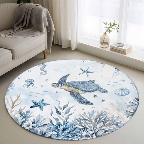 Marine Life Round Living Room Rugs 4 ft, Blue Ocean Turtle Coral Starfish Seashell Coastal Washable Area Rug with Non-Slip Sturdy Edge Binding Round Carpet for Entryway Kitchen Bedroom Bathroom