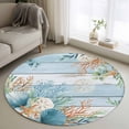 thumbnail image 1 of Marine Life Round Living Room Rugs 4 ft, Shell Coral Eucalyptus Leaves Blue Wood Grain Washable Area Rug with Non-Slip Sturdy Edge Binding Round Carpet for Entryway Kitchen Bedroom Bathroom, 1 of 9