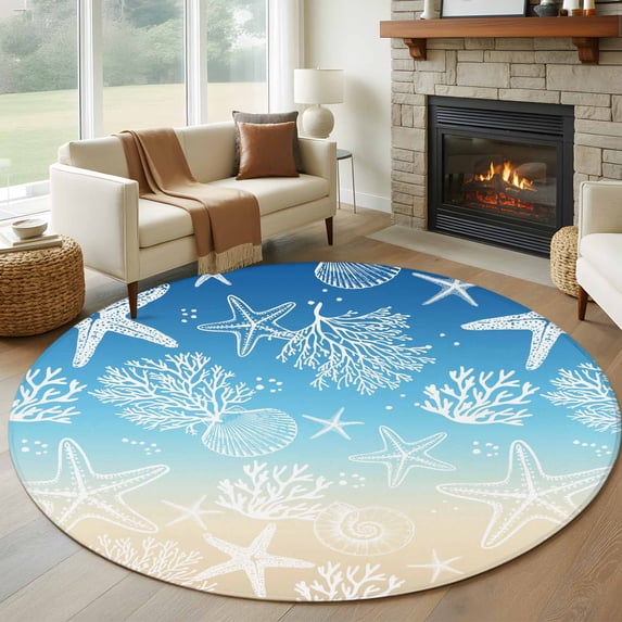 Marine Life Round Living Room Rugs 8 ft, Starfish Coral Shell Gradient Blue Brown Ocean Washable Large Area Rug with Non-Slip Sturdy Edge Binding Round Carpet for Dining Room Kitchen Office