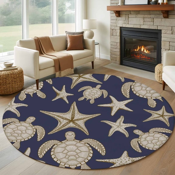 Marine Life Round Living Room Rugs 8 ft, Vintage Beige Sea Turtles Starfish Navy Background Washable Large Area Rug with Non-Slip Sturdy Edge Binding Round Carpet for Dining Room Kitchen Office
