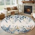 thumbnail image 1 of Marine Life Round Living Room Rugs 8 ft, Watercolor Blue Beige Starfish Shell Leaves Linen Washable Large Area Rug with Non-Slip Sturdy Edge Binding Round Carpet for Dining Room Kitchen Office, 1 of 9