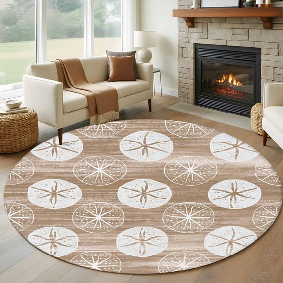 Marine Life Round Rugs for Living Room 7ft Summer Beach Sea Biscuit Khaki Sand Dollar Non Slip Circle Rug Washable Low-Profile Indoor Carpet for Bedroom, Dining Room, Bathroom