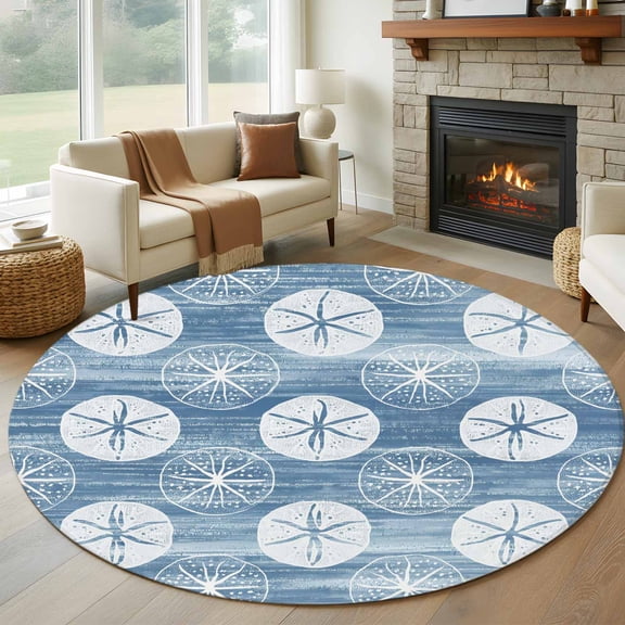 Marine Life Round Rugs for Living Room 7ft Summer Beach Sea Biscuit Light Blue Sand Dollar Non Slip Circle Rug Washable Low-Profile Indoor Carpet for Bedroom, Dining Room, Bathroom