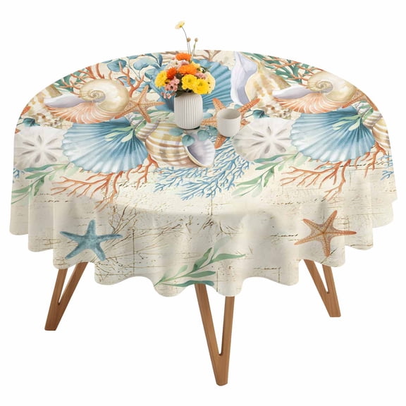 Marine Life Round Tablecloth 54 inches Blue Shell Coral Starfish Eucalyptus Leaves Retro Paper Waterproof Oil-Proof Table Cloth Round Table Cover for Holiday Party Picnic Dinner Decor Indoor Outdoor