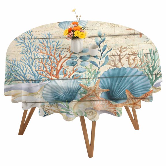 Marine Life Round Tablecloth 54 inches Blue Shell Starfish Coral Eucalyptus Leaves Vintage Wood Grain Waterproof Oil-Proof Table Cloth Round Table Cover for Holiday Party Picnic Dinner Decor
