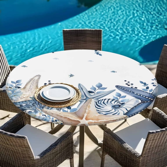 Marine Life Sea Stars Shells Round Fitted Tablecloth with Elastic Edge,Waterproof Table Cloth Fits Tables Up to 45"-54",Washable Table Cover for Indoor Outdoor Dinning Party,Eucalyptus Leaves