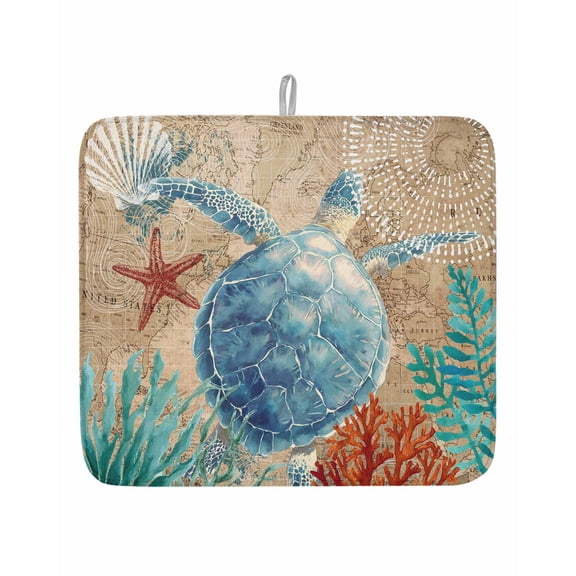 Marine Life Sea Turtles Dish Drying Mats for Kitchen Counter,Absorbent Microfiber Dish Drainer Rack Mat Sea Stars Coral on Retro Paper Drying Pad for Sinks,Utensils,Countertops,16x18in