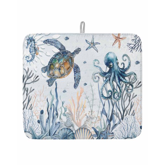 Marine Life Sea Turtles Eight-clawed Fish Dish Drying Mats for Kitchen Counter,Absorbent Microfiber Dish Drainer Rack Mat Fish Corals Drying Pad for Sinks,Utensils,Countertops,16x18in
