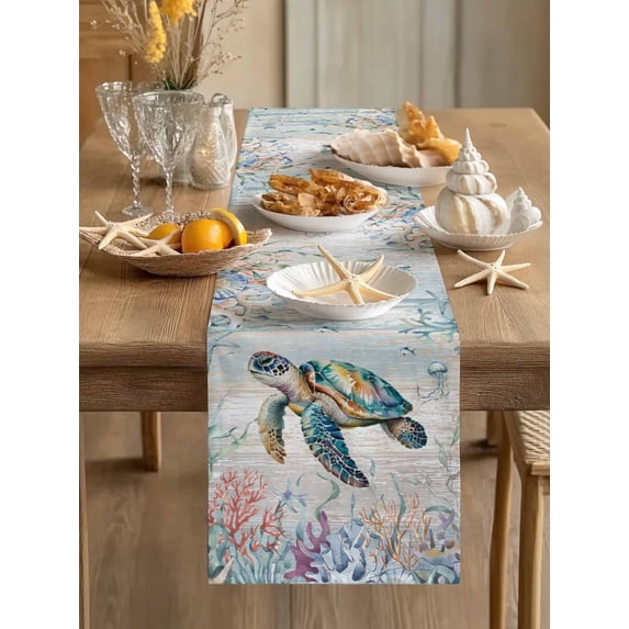 Marine Life Sea Turtles Table Runner 13x36in Non-Slip Cotton Linen Table Runners, Vintage Fish Corals Dresser Scarves TableRunner for Dinner Kitchen Dining Wedding Party