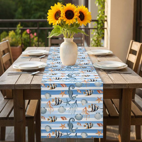 Marine Life Seahorses Tropical Fish Table Runner 36 Inches Long,Kitchen Dining Tablerunners White Blue Striped Linen Table Runners Dresser Scarves for Home Dinner Wedding Holiday Party Decor