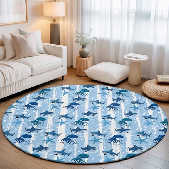 Marine Life Sharks Sea Stars Octopus Round Rug 5ft Blue White Stripes Washable Area Rugs for Living Room Bedroom Entryway Non Slip Entrance Door Mat Indoor Floor Carpet
