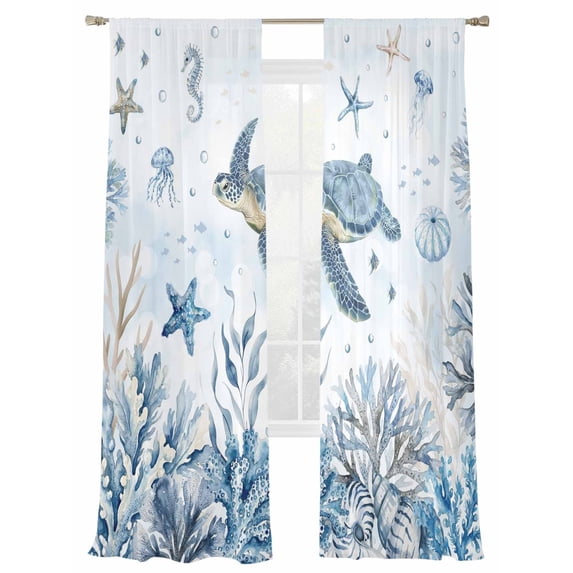 Marine Life Sheer Curtains 108 Inch Long 2 Panels, Blue Ocean Turtle Coral Starfish Seashell Coastal Light Filtering Rod Pocket Curtains, Sheer Voile Drapes for Living Room Bedroom, 52"x108"