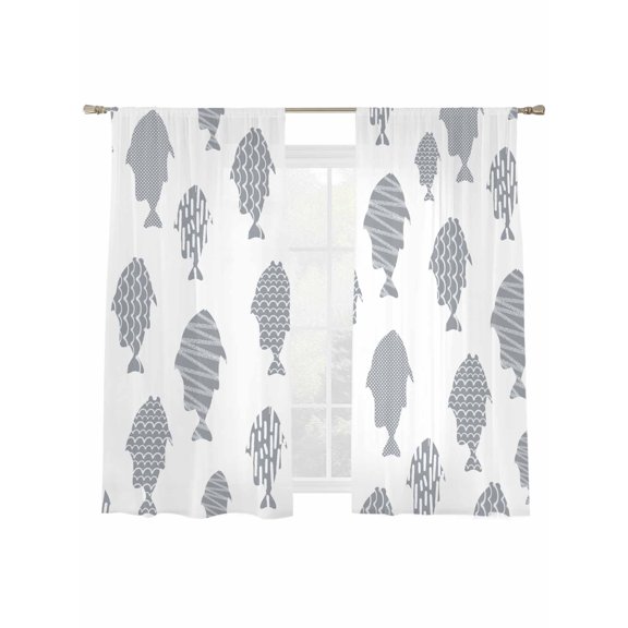 Marine Life Sheer Curtains 2 Panels Set Abstract Oceans Gray Fish Silhouettes Stripes Sheer Window Curtains Light Filtering Rod Pocket Voile Drapes for Bedroom Living Room 52"X72"