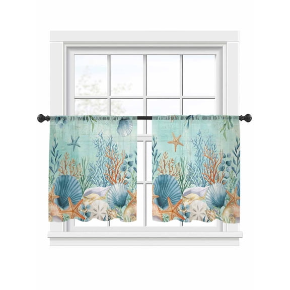Marine Life Sheer Curtains 2 Panels Set Blue Shell Starfish Coral Eucalyptus Leaves Green Background Sheer Window Curtains Light Filtering Rod Pocket Voile Drapes for Bedroom Living Room 52"x54"
