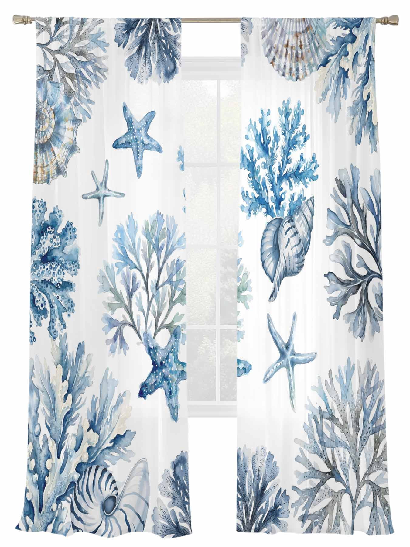 Marine Life Sheer Curtains 2 Panels Set Ocean Coral Sea Star Shellfish ...