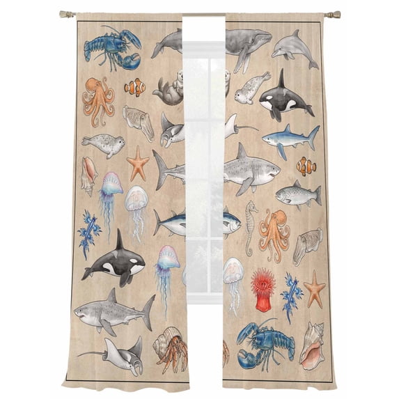 Marine Life Sheer Curtains 2 Panels Set Retro Shark Whale Lobster Jellyfish Linen Texture Sheer Window Curtains Light Filtering Rod Pocket Voile Drapes for Bedroom Living Room 52"X108"