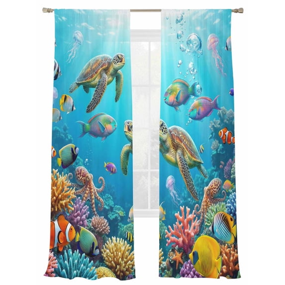Marine Life Sheer Curtains 2 Panels Set Sea Turtles Fish Coral Octopuses Jellyfish Oceans Sheer Window Curtains Light Filtering Rod Pocket Voile Drapes for Bedroom Living Room 52"X96"