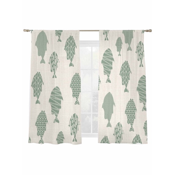 Marine Life Sheer Curtains 2 Panels Set Vintage Ocean Green Fish Silhouettes Stripes Linen Texture Sheer Window Curtains Light Filtering Rod Pocket Voile Drapes for Bedroom Living Room 52"x63"