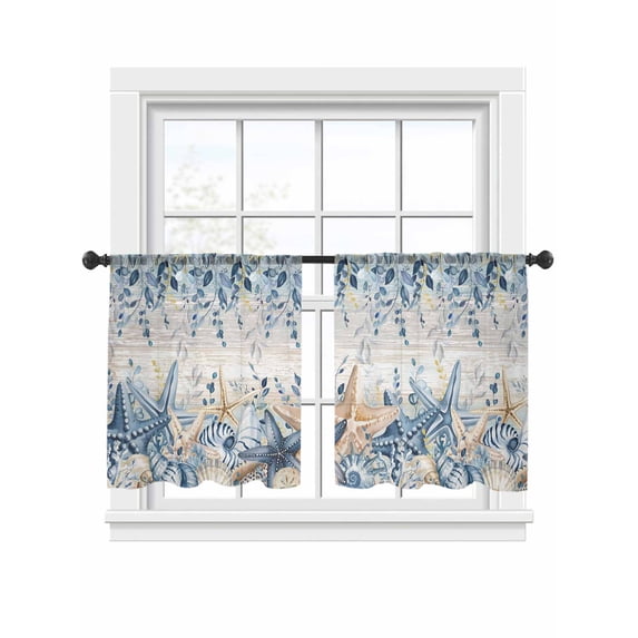 Marine Life Sheer Curtains 2 Panels Set Watercolor Blue Beige Starfish Shell Leaves Wood Sheer Window Curtains Light Filtering Rod Pocket Voile Drapes for Bedroom Living Room 52"x54"
