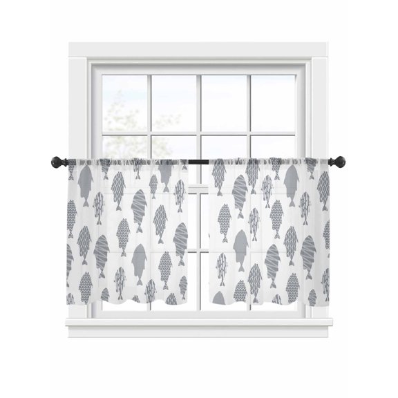 Marine Life Sheer Curtains 45 Inch Long 2 Panels, Abstract Oceans Gray Fish Silhouettes Stripes Light Filtering Rod Pocket Curtains, Sheer Voile Drapes for Living Room Bedroom, 52"x45"