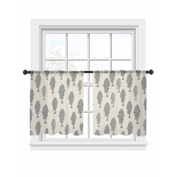 Marine Life Sheer Curtains 45 Inch Long 2 Panels, Abstract Oceans Gray Fish Silhouettes Stripes Linen Texture Light Filtering Rod Pocket Curtains, Sheer Voile Drapes for Living Room Bedroom, 52"x45"