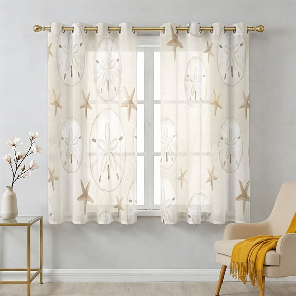 Marine Life Sheer Curtains 45 Inch Long 2 Panels, Brown Starfish Gradient Beige Ocean Coastal Light Filtering Semi Sheer Drapes Grommet Voile Window Curtain for Living Bedroom W42 x L45
