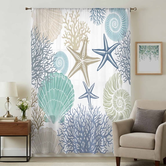Marine Life Sheer Curtains 45 Inches Long, Summer Coastal Nautical Coral Conch Seashells Light Filering Curtains, Breathable Simi Curtain Privacy Drapes for Kitchen Bathroom Small Window Treatment