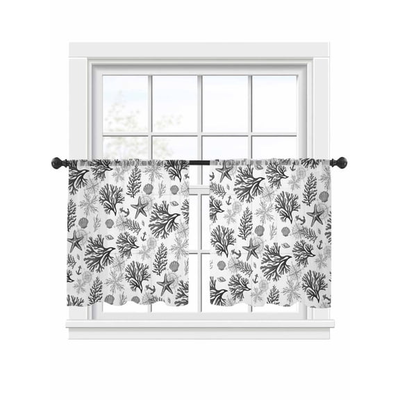 Marine Life Sheer Curtains 54 Inch Long 2 Panels, Gray Starfish Shell Coral Watercolor Ocean Coastal Light Filtering Rod Pocket Curtains, Sheer Voile Drapes for Living Room Bedroom, 52"x54"
