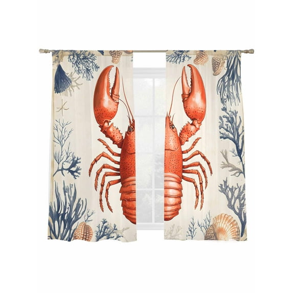 Marine Life Sheer Curtains 63 Inch Long 2 Panels, Red Lobster Shell Seaweed Light Filtering Rod Pocket Semi Sheer Curtains, Sheer Voile Drapes for Living Room Bedroom, 52"x63"
